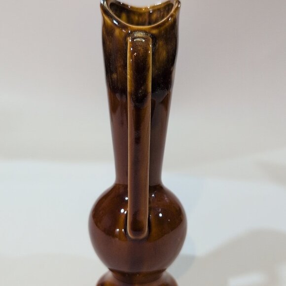 Vintage MCM Carmel Brown Glaze Drip Ceramic Pottery Pitcher Vase Japan 7" Tall - Picture 3 of 7